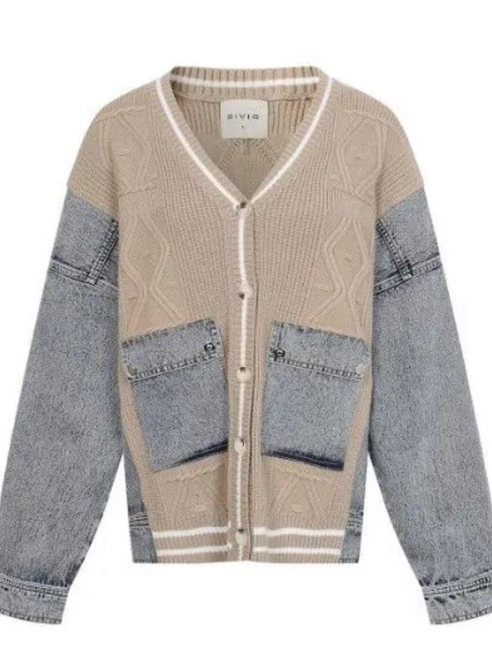 Boutique Mixed Media Denim & Cable Knit Oversized Cardigan